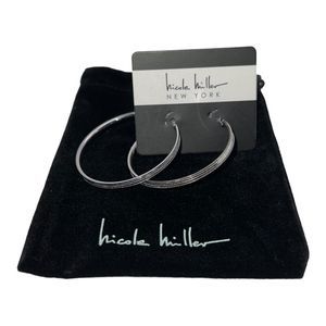 Nicole Miller Rhodium Plated Textured Metal Hoop Silver Earrings Gift Bag NWT